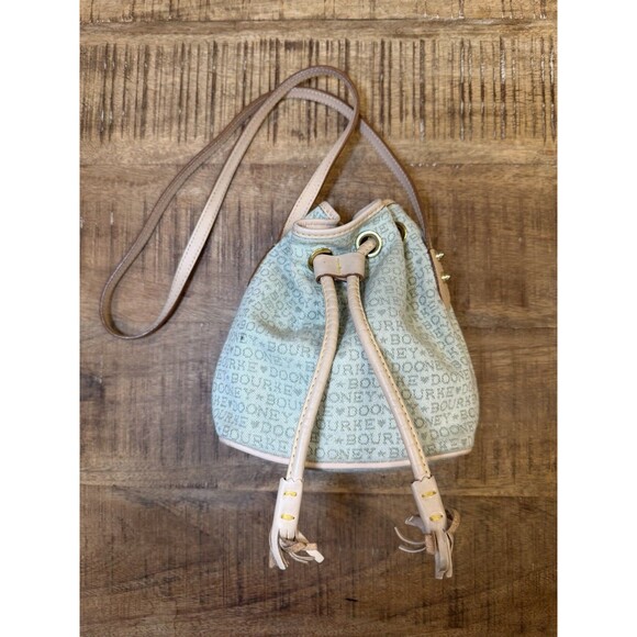 Dooney Bourke Vintage Monogram Leather Canvas Drawstring Bucket Bag Made In USA - Picture 3 of 15